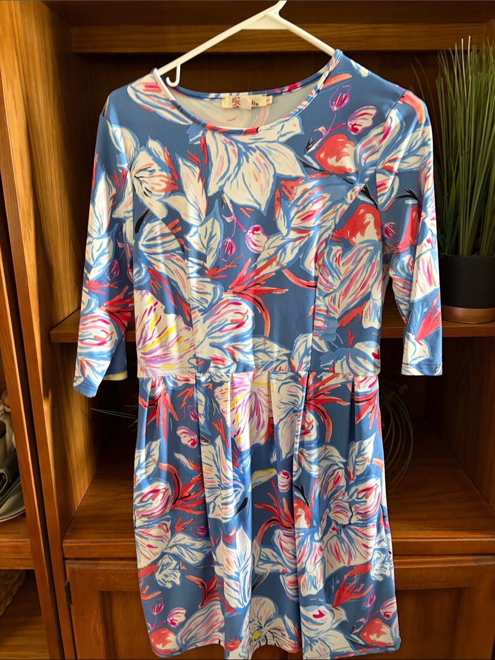 Aryeh Blue Floral Knee-Length Dress with Coral and White Accents